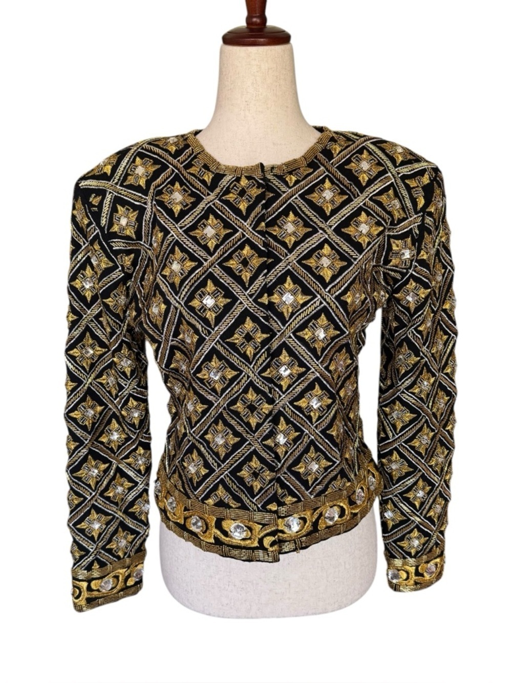 Vintage 80s Adrienne Vittadini Black and Gold Embellished Beaded Evening Jacket